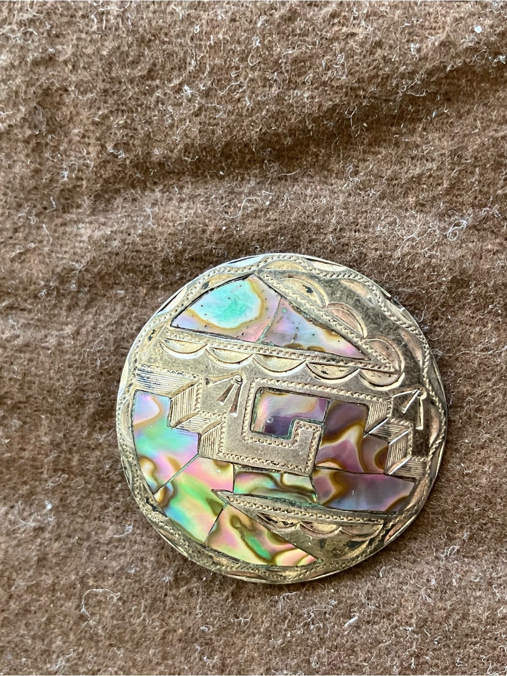 Round Abalone Inlay Metal Statement Brooch - Iridescent Shell